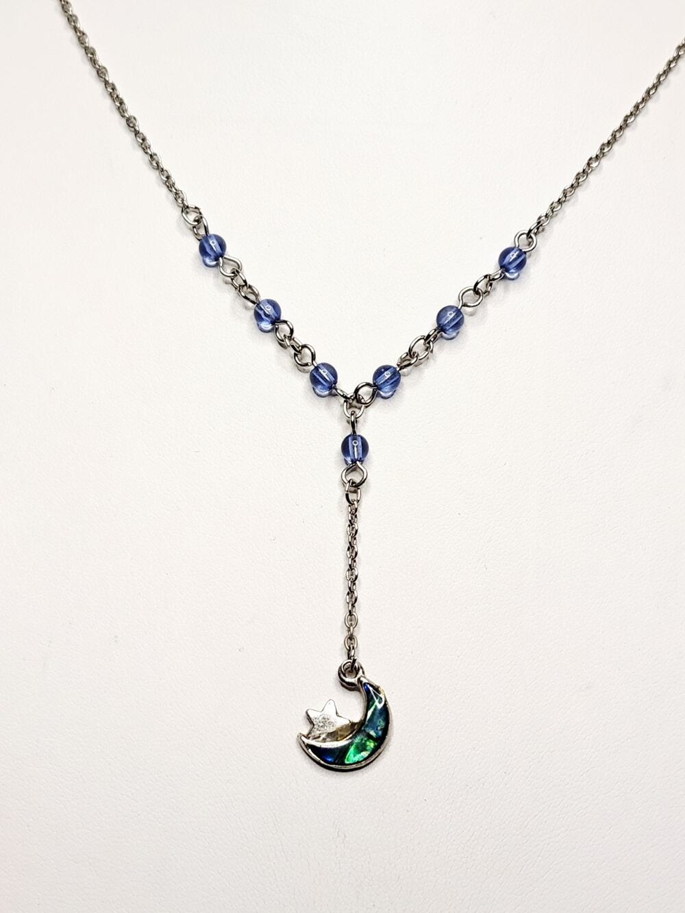 Silver Tone Celestial Crescent Moon Star Pendant Necklace Blue Bead Lab Opal 20"